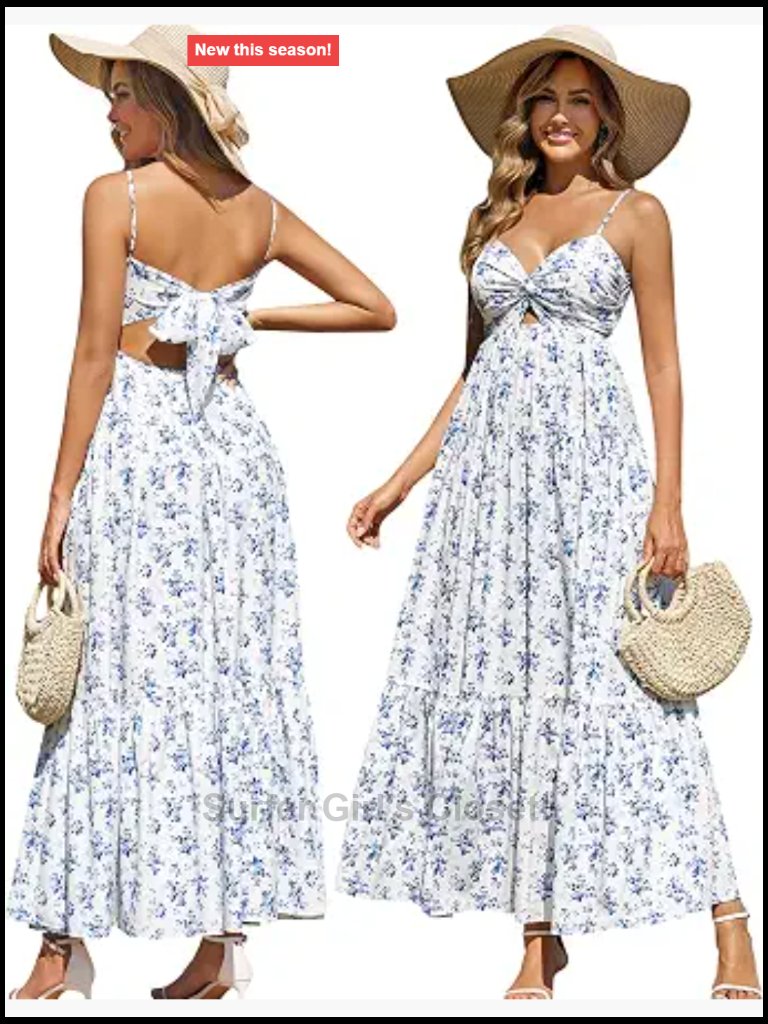 Boho Floral Maxi Dress Spaghetti Strap V-Neck Bow Tie Tiered Flowy